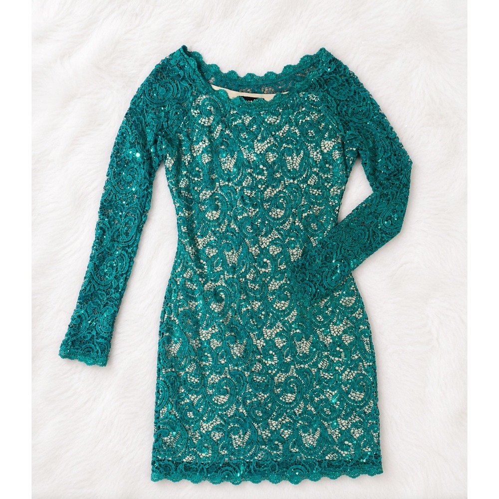 Sequin Hearts Emerald Green Lace Bodycon Dress Medium | Long Sleeve Cocktail